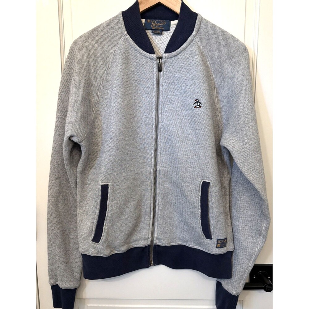 Original Penguin Bomber Jacket Gray Spell Out Men's M Preppy Urban Modern Cotton